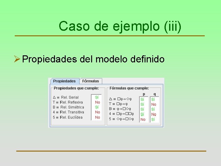 Caso de ejemplo (iii) Ø Propiedades del modelo definido 