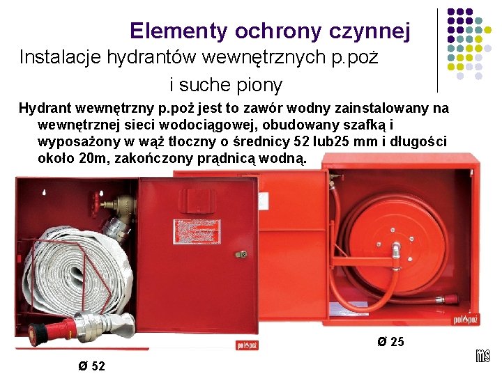 Elementy ochrony czynnej Instalacje hydrantów wewnętrznych p. poż i suche piony Hydrant wewnętrzny p.