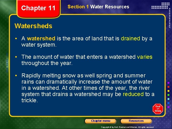 Chapter 11 Section 1 Water Resources Watersheds • A watershed is the area of Chapter 11 Section 1 Water Resources Watersheds • A watershed is the area of