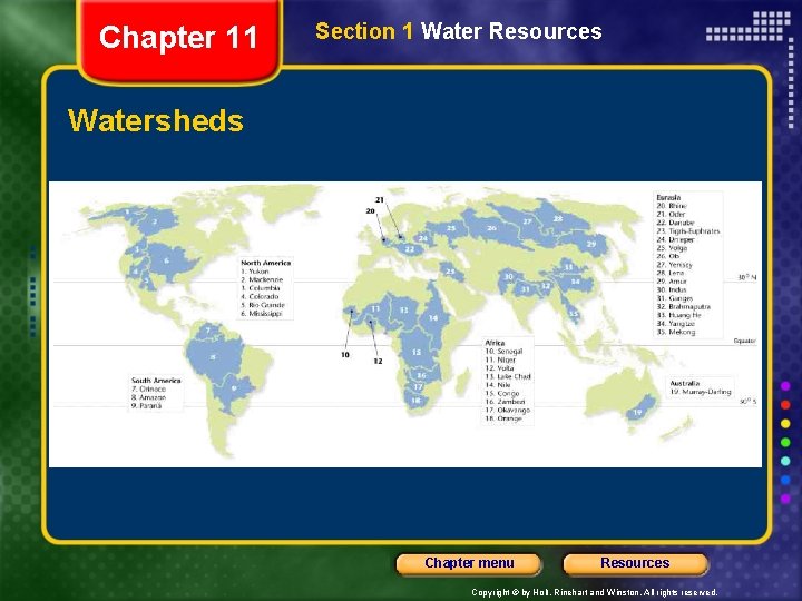 Chapter 11 Section 1 Water Resources Watersheds Chapter menu Resources Copyright © by Holt, Chapter 11 Section 1 Water Resources Watersheds Chapter menu Resources Copyright © by Holt,