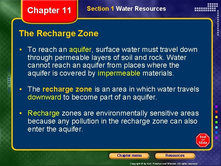 Chapter 11 Section 1 Water Resources The Recharge Zone • To reach an aquifer, Chapter 11 Section 1 Water Resources The Recharge Zone • To reach an aquifer,