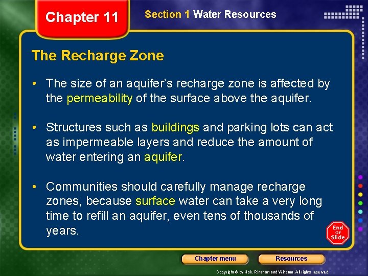Chapter 11 Section 1 Water Resources The Recharge Zone • The size of an Chapter 11 Section 1 Water Resources The Recharge Zone • The size of an