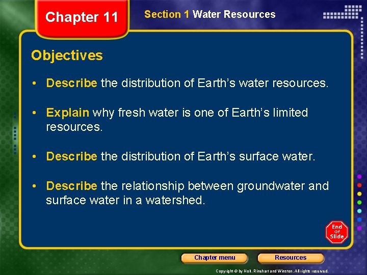 Chapter 11 Section 1 Water Resources Objectives • Describe the distribution of Earth’s water Chapter 11 Section 1 Water Resources Objectives • Describe the distribution of Earth’s water