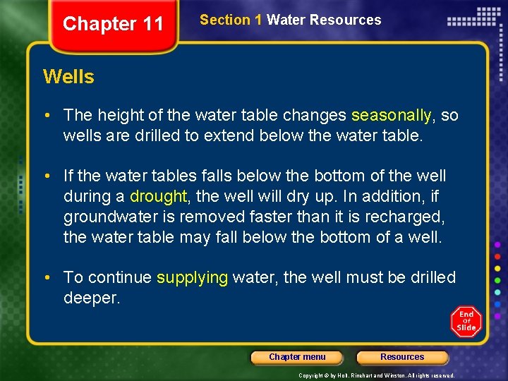 Chapter 11 Section 1 Water Resources Wells • The height of the water table Chapter 11 Section 1 Water Resources Wells • The height of the water table