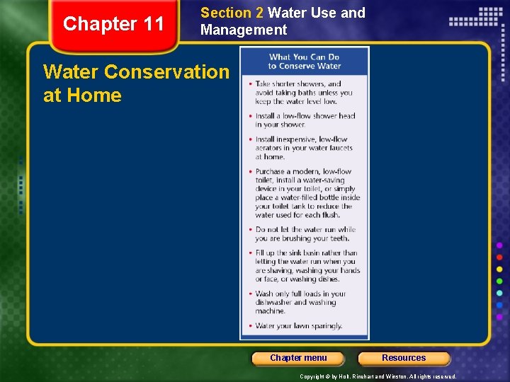 Chapter 11 Section 2 Water Use and Management Water Conservation at Home Chapter menu Chapter 11 Section 2 Water Use and Management Water Conservation at Home Chapter menu