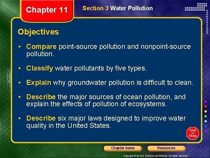 Chapter 11 Section 3 Water Pollution Objectives • Compare point-source pollution and nonpoint-source pollution. Chapter 11 Section 3 Water Pollution Objectives • Compare point-source pollution and nonpoint-source pollution.