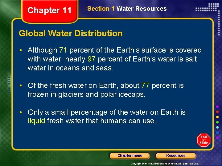 Chapter 11 Section 1 Water Resources Global Water Distribution • Although 71 percent of Chapter 11 Section 1 Water Resources Global Water Distribution • Although 71 percent of