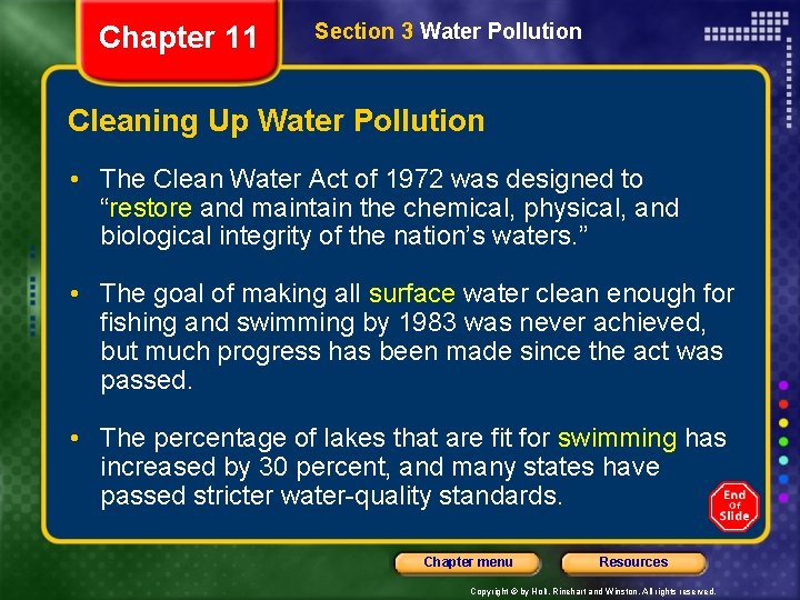 Chapter 11 Section 3 Water Pollution Cleaning Up Water Pollution • The Clean Water Chapter 11 Section 3 Water Pollution Cleaning Up Water Pollution • The Clean Water