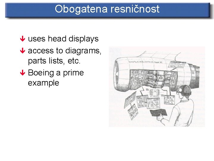 Obogatena resničnost uses head displays ê access to diagrams, parts lists, etc. ê Boeing