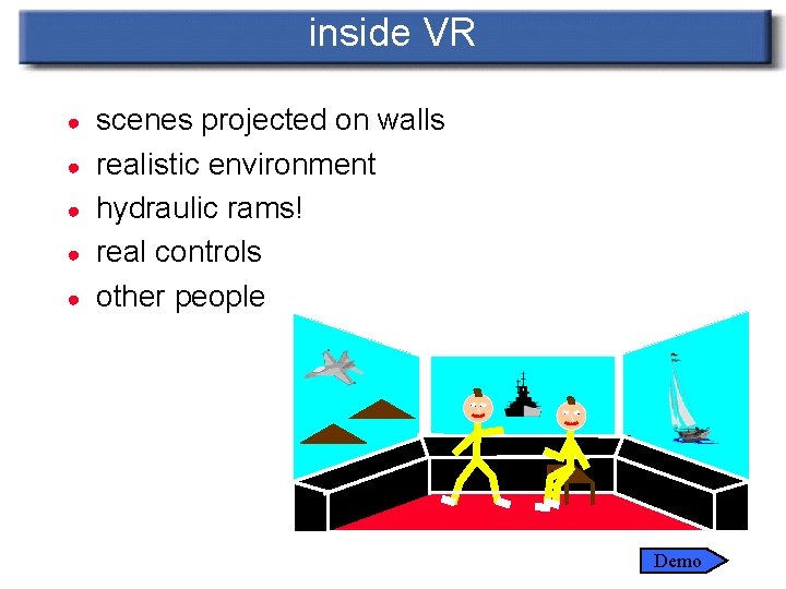 inside VR ● ● ● scenes projected on walls realistic environment hydraulic rams! real