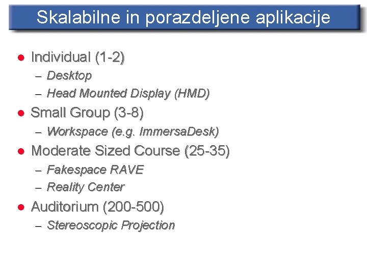 Skalabilne in porazdeljene aplikacije l Individual (1 -2) – Desktop – Head Mounted Display