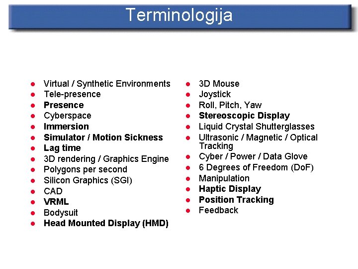 Terminologija l l l l Virtual / Synthetic Environments Tele-presence Presence Cyberspace Immersion Simulator