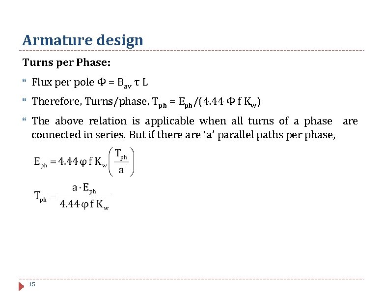 Armature design Turns per Phase: Flux per pole Ф = Bav τ L Therefore,
