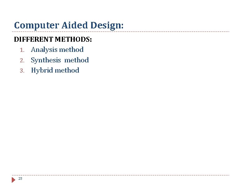 Computer Aided Design: DIFFERENT METHODS: 1. Analysis method 2. Synthesis method 3. Hybrid method