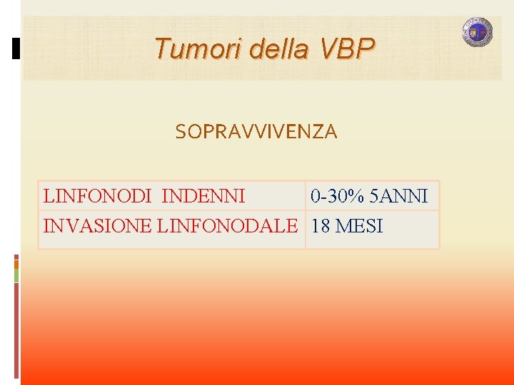 Tumori della VBP SOPRAVVIVENZA LINFONODI INDENNI 0 -30% 5 ANNI INVASIONE LINFONODALE 18 MESI Tumori della VBP SOPRAVVIVENZA LINFONODI INDENNI 0 -30% 5 ANNI INVASIONE LINFONODALE 18 MESI
