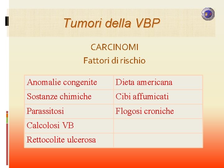 Tumori della VBP CARCINOMI Fattori di rischio Anomalie congenite Dieta americana Sostanze chimiche Cibi Tumori della VBP CARCINOMI Fattori di rischio Anomalie congenite Dieta americana Sostanze chimiche Cibi