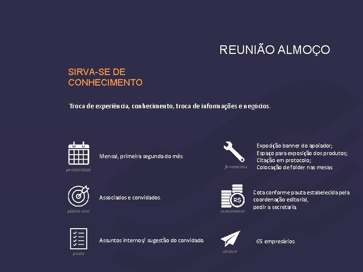 REUNIÃO ALMOÇO SIRVA-SE DE CONHECIMENTO Troca de experiência, conhecimento, troca de informações e negócios.