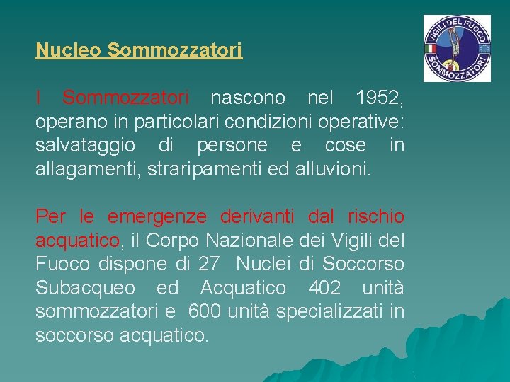 Nucleo Sommozzatori I Sommozzatori nascono nel 1952, operano in particolari condizioni operative: salvataggio di