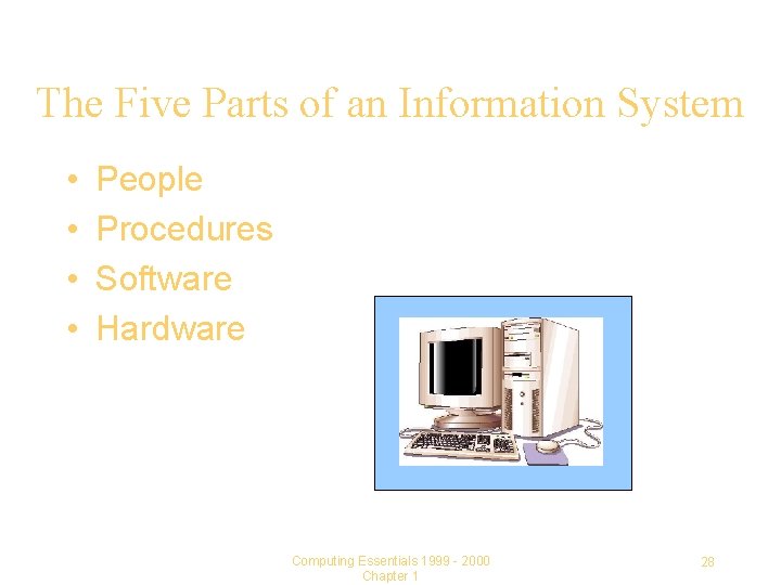 The Five Parts of an Information System • • People Procedures Software Hardware Computing
