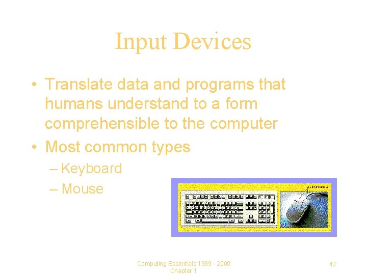 Input Devices • Translate data and programs that humans understand to a form comprehensible
