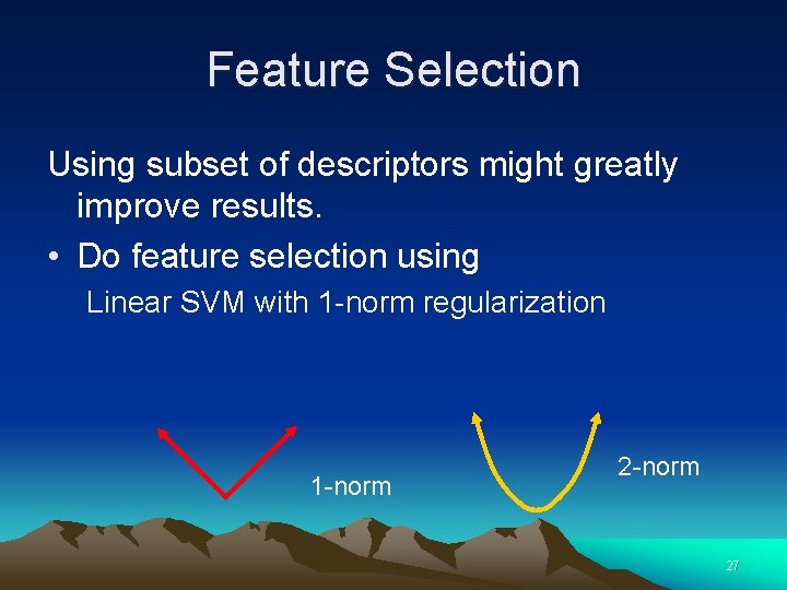 Feature Selection Using subset of descriptors might greatly improve results. • Do feature selection