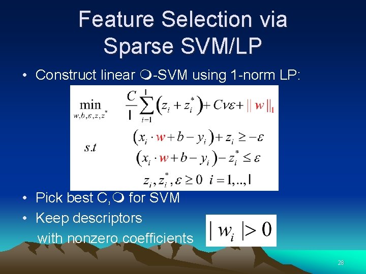 Feature Selection via Sparse SVM/LP • Construct linear -SVM using 1 -norm LP: •