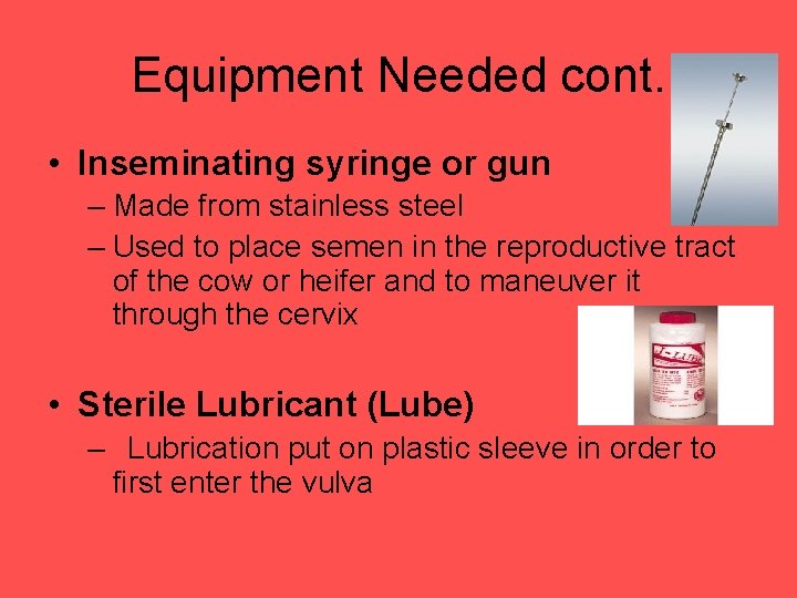 Equipment Needed cont. • Inseminating syringe or gun – Made from stainless steel –