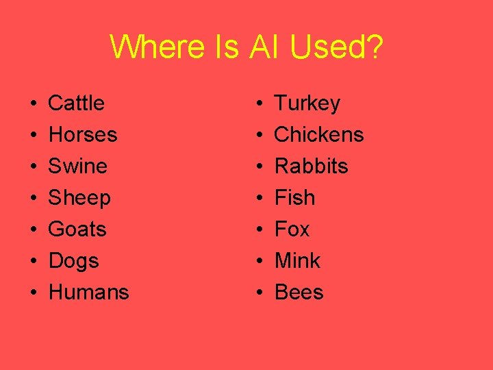 Where Is AI Used? • • Cattle Horses Swine Sheep Goats Dogs Humans •