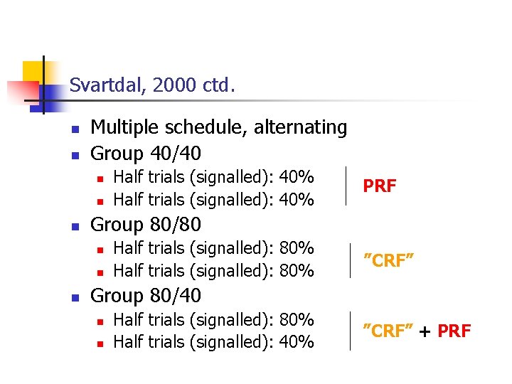 Svartdal, 2000 ctd. n n Multiple schedule, alternating Group 40/40 n n n PRF