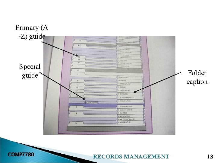 Primary (A -Z) guide Special guide COMP 7780 Folder caption RECORDS MANAGEMENT 13 