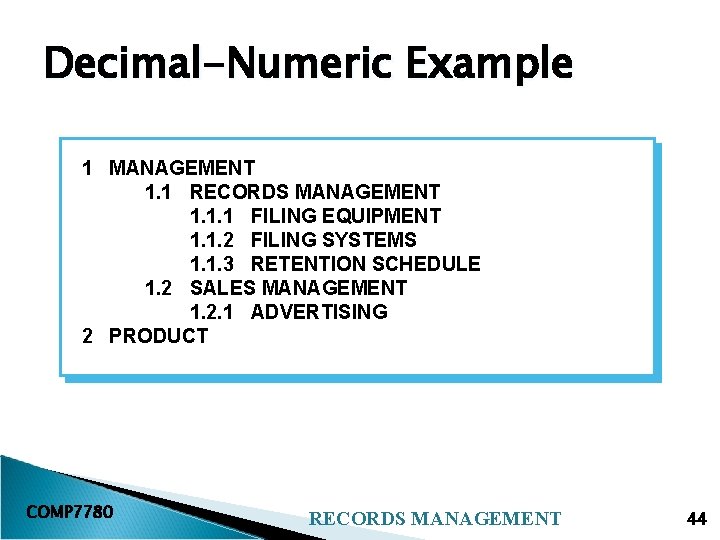 Decimal-Numeric Example 1 MANAGEMENT 1. 1 RECORDS MANAGEMENT 1. 1. 1 FILING EQUIPMENT 1.