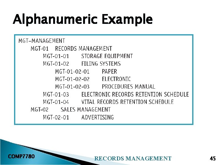 Alphanumeric Example COMP 7780 RECORDS MANAGEMENT 45 