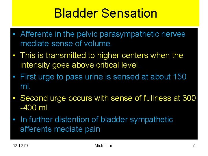 Bladder Sensation • Afferents in the pelvic parasympathetic nerves mediate sense of volume. • Bladder Sensation • Afferents in the pelvic parasympathetic nerves mediate sense of volume. •