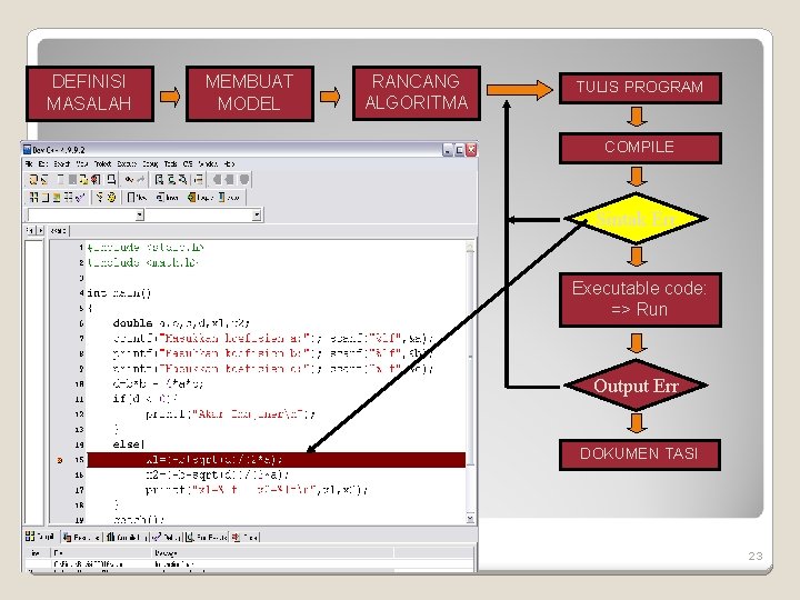 DEFINISI MASALAH MEMBUAT MODEL RANCANG ALGORITMA TULIS PROGRAM COMPILE Sintak Err Executable code: => DEFINISI MASALAH MEMBUAT MODEL RANCANG ALGORITMA TULIS PROGRAM COMPILE Sintak Err Executable code: =>