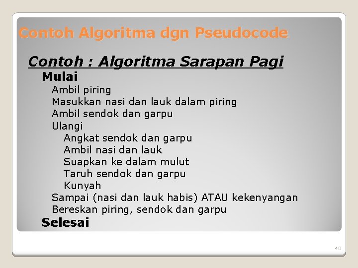 Contoh Algoritma dgn Pseudocode Contoh : Algoritma Sarapan Pagi Mulai Ambil piring Masukkan nasi Contoh Algoritma dgn Pseudocode Contoh : Algoritma Sarapan Pagi Mulai Ambil piring Masukkan nasi