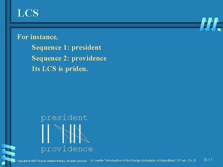 LCS For instance, Sequence 1: president Sequence 2: providence Its LCS is priden. president