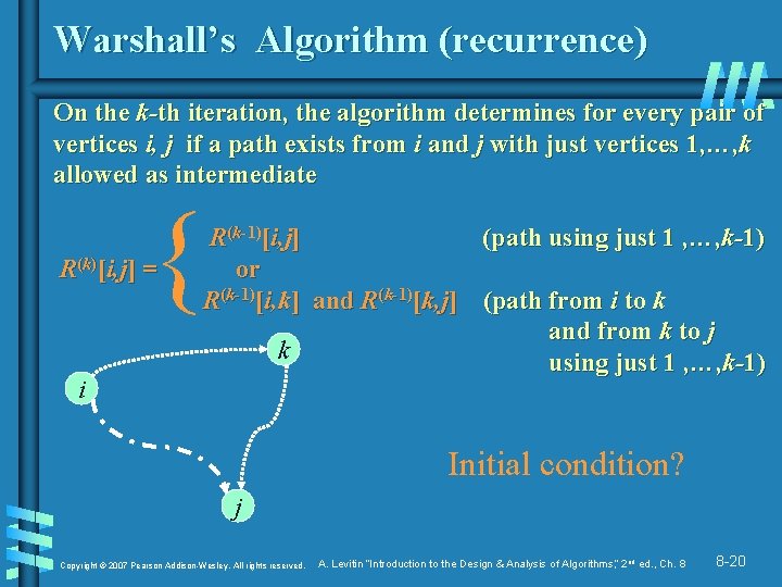 Warshall’s Algorithm (recurrence) On the k-th iteration, the algorithm determines for every pair of