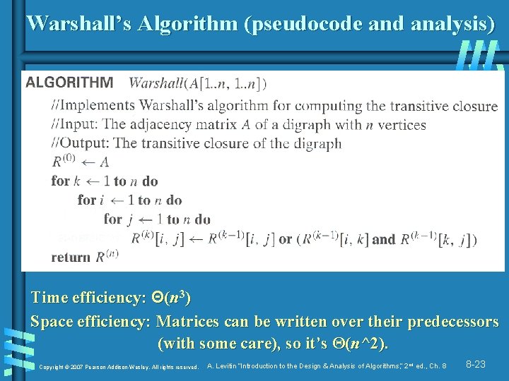 Warshall’s Algorithm (pseudocode and analysis) Time efficiency: Θ(n 3) Space efficiency: Matrices can be