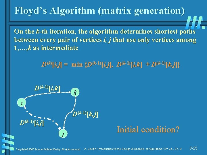 Floyd’s Algorithm (matrix generation) On the k-th iteration, the algorithm determines shortest paths between