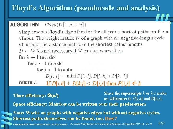 Floyd’s Algorithm (pseudocode and analysis) If D[i, k] + D[k, j] < D[i, j]