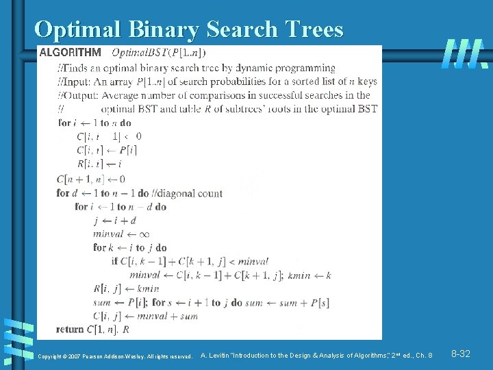 Optimal Binary Search Trees Copyright © 2007 Pearson Addison-Wesley. All rights reserved. A. Levitin