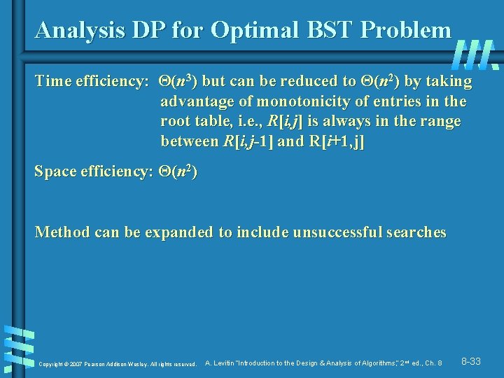 Analysis DP for Optimal BST Problem Time efficiency: Θ(n 3) but can be reduced