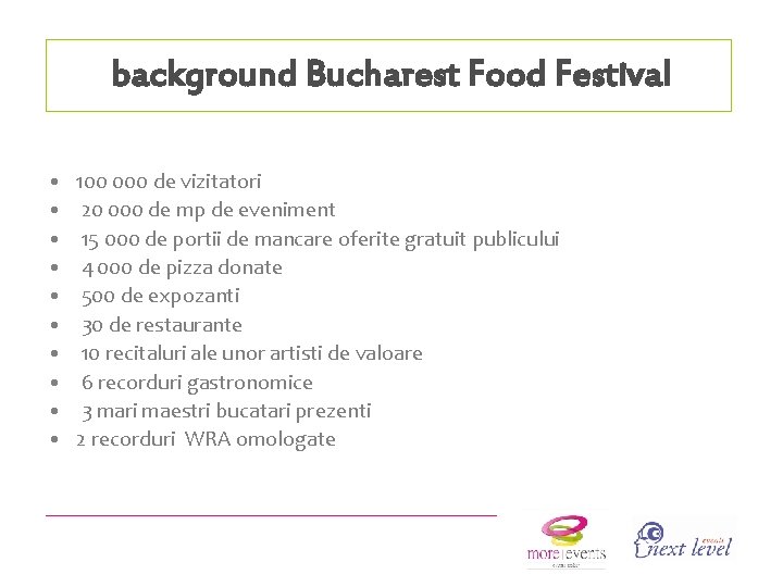 background Bucharest Food Festival • • • 100 000 de vizitatori 20 000 de