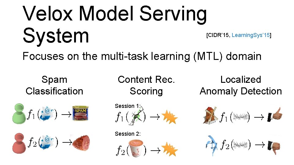 Velox Model Serving System [CIDR’ 15, Learning. Sys’ 15] Focuses on the multi-task learning