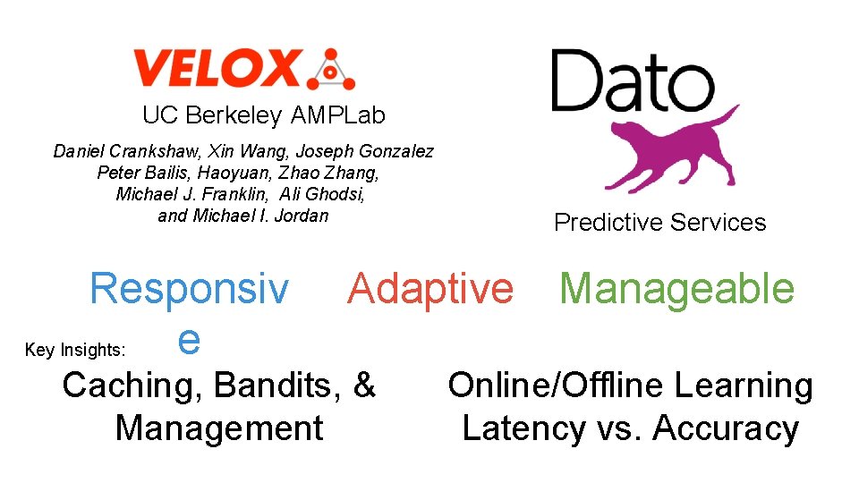 UC Berkeley AMPLab Daniel Crankshaw, Xin Wang, Joseph Gonzalez Peter Bailis, Haoyuan, Zhao Zhang, UC Berkeley AMPLab Daniel Crankshaw, Xin Wang, Joseph Gonzalez Peter Bailis, Haoyuan, Zhao Zhang,