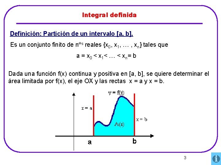 Integral definida Definición: Partición de un intervalo [a, b]. Es un conjunto finito de