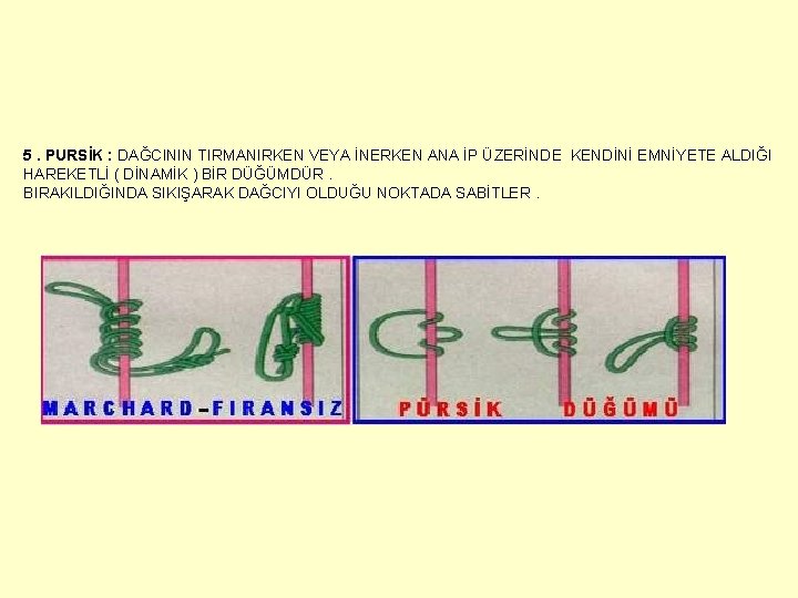 5. PURSİK : DAĞCININ TIRMANIRKEN VEYA İNERKEN ANA İP ÜZERİNDE KENDİNİ EMNİYETE ALDIĞI HAREKETLİ 5. PURSİK : DAĞCININ TIRMANIRKEN VEYA İNERKEN ANA İP ÜZERİNDE KENDİNİ EMNİYETE ALDIĞI HAREKETLİ