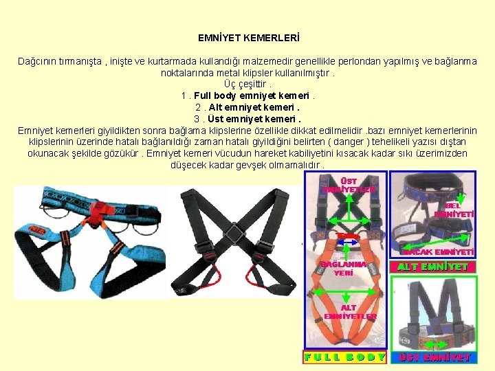 EMNİYET KEMERLERİ Dağcının tırmanışta , inişte ve kurtarmada kullandığı malzemedir genellikle perlondan yapılmış ve EMNİYET KEMERLERİ Dağcının tırmanışta , inişte ve kurtarmada kullandığı malzemedir genellikle perlondan yapılmış ve