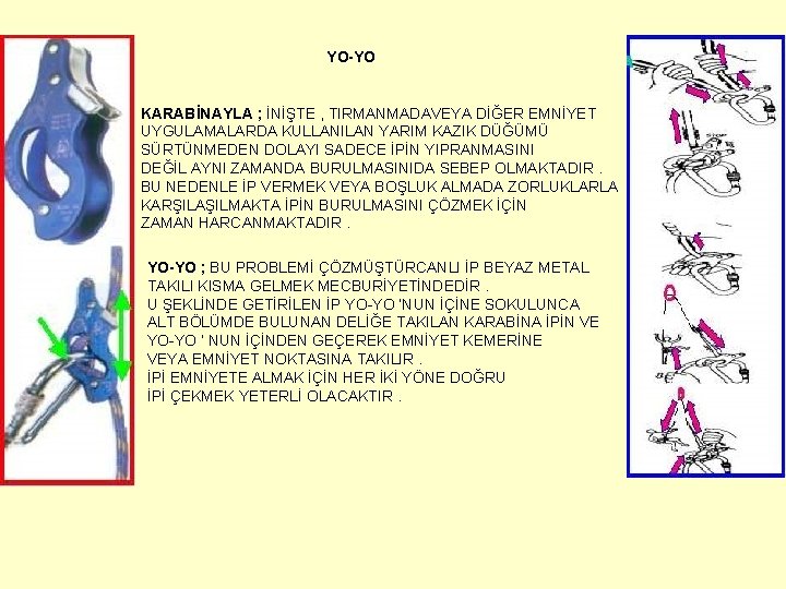 YO-YO KARABİNAYLA ; İNİŞTE , TIRMANMADAVEYA DİĞER EMNİYET UYGULAMALARDA KULLANILAN YARIM KAZIK DÜĞÜMÜ SÜRTÜNMEDEN YO-YO KARABİNAYLA ; İNİŞTE , TIRMANMADAVEYA DİĞER EMNİYET UYGULAMALARDA KULLANILAN YARIM KAZIK DÜĞÜMÜ SÜRTÜNMEDEN