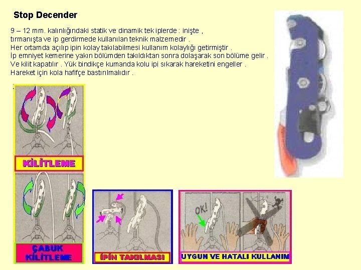 Stop Decender 9 – 12 mm. kalınlığındaki statik ve dinamik tek iplerde : inişte Stop Decender 9 – 12 mm. kalınlığındaki statik ve dinamik tek iplerde : inişte